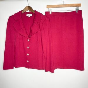 St. John Evening Designer Jacket and Skirt Blazer Suit Set Fuchsia Wool Size 10